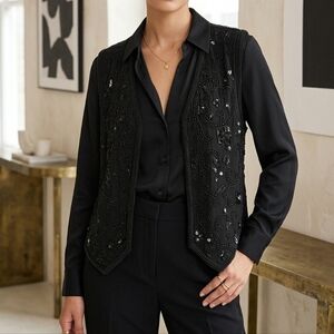 ​Vintage Sudi Creation England Black Beaded 100% Silk Vest Sequin Evening M